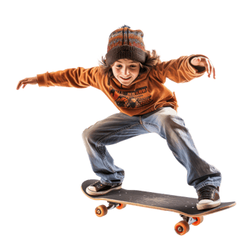 Floating skateboard boy isolate on transparency background png
