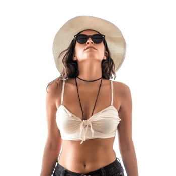 young woman wearing a summer hat and sunglasses looking up , standing front view full length isolate on transparency background png