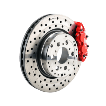 Automobile brake disk with red caliper front view full length isolate on transparency background png