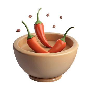 Three Red Chili Peppers in a Wooden Bowl with Seeds png