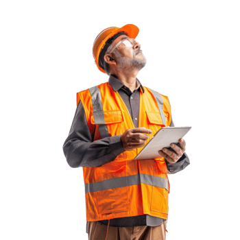 Engineer construction man with tablet looking up, standing isolate on transparency background png