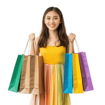 Smiling young woman with colorful shopping bag, standing isolate on transparency background png
