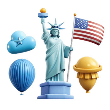 Statue of Liberty, American Flag, Cloud, and Balloons 3D Render png