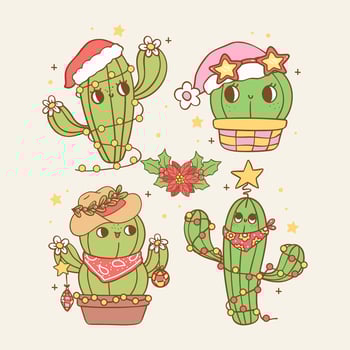 group of Cute Retro Christmas cowboy cactus hand drawn cartoon character doodle vector