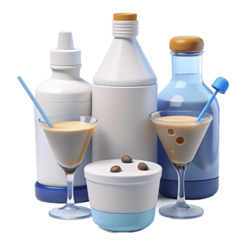 Creamy Cocktail with Chocolate Garnish and Blue and White Bottles png