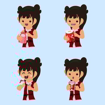 CHRISTMAS, CUTE GIRL WEARING A SANTA CLAUS CLOTHING HOLDING GIFTS, CANDY AND A PIECE OF COFFEE vector