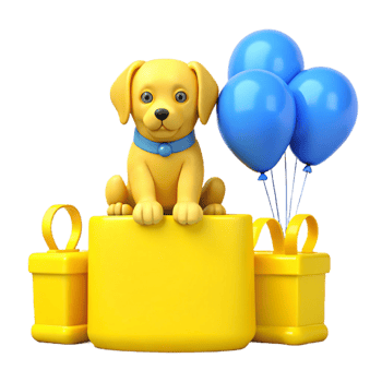 Cute Puppy Sitting on Gift Box with Balloons png
