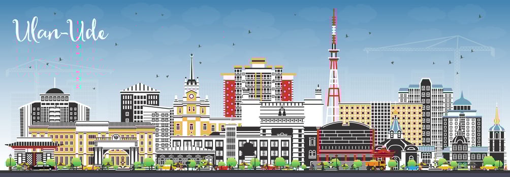Ulan-Ude Russia city skyline with color buildings and blue sky. Ulan-Ude cityscape with landmarks. Business travel and tourism concept with modern and historic architecture. vector
