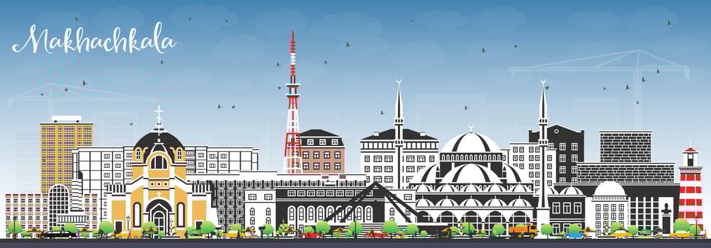 Makhachkala Russia city skyline with color buildings and blue sky. Makhachkala cityscape with landmarks. Business travel and tourism concept with modern and historic architecture. vector