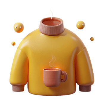 Cozy 3D Render of a Yellow Sweater with a Steaming Cup of Coffee png