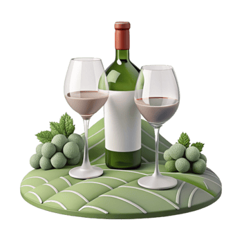Two Glasses of Wine and a Bottle on a Green Plate png