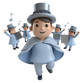 Smiling Cartoon Character in Blue Outfit Leading a Musical Parade png
