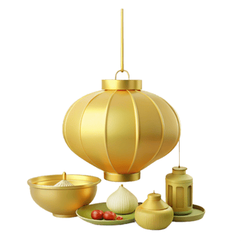 Golden Lantern, Bowl, and Decorated Jar 3D Render png