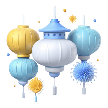3D Rendered Asian Lanterns with Decorative Elements png