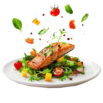 floated Grilled salmon on fresh vegetables falling into a plate isolate on transparency background png