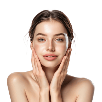 Beautiful young woman with clean fresh face skin and hand care gesture front view isolate on transparency background png