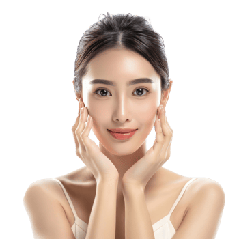 Beautiful woman with face care hand gesture front view isolate on transparency background png