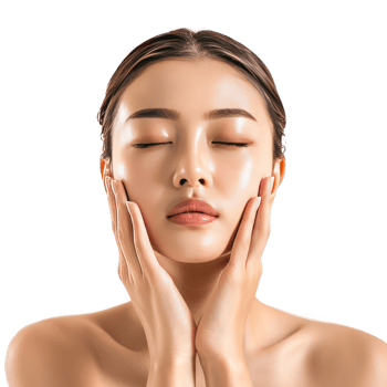 Beautiful woman body and face care with hand geture front view isolate on transparency background png