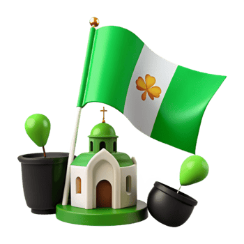Irish Flag, Church, Clover, Green Potted Plants, 3D Illustration png