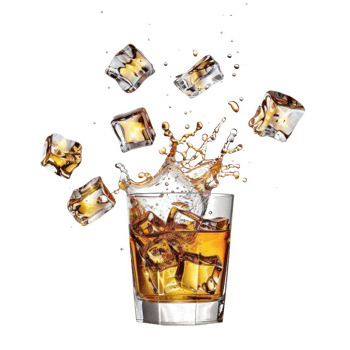 Whisky and ice cubes falling into a glass isolate on transparency background png