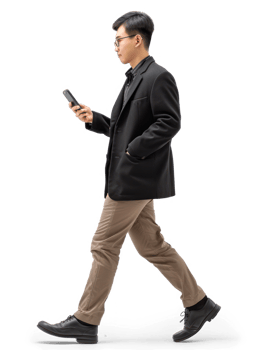 businessman using smartphone while walking, side view full body isolate on transparency background png