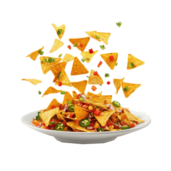 floated Nachos food falling into a plate isolate on transparency background png