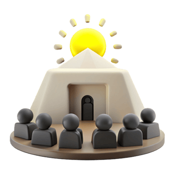 Group of People Gathered Around a Pyramid Shaped Structure with Sun Shining Above png