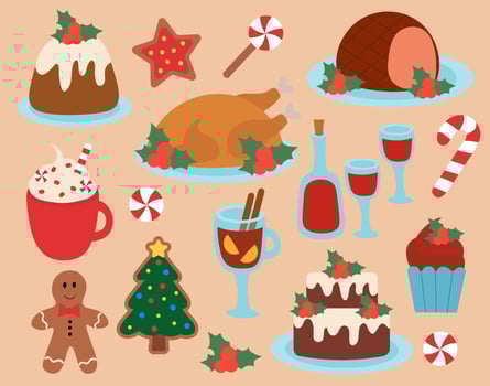 Set of Christmas Food elements. Winter holidays Dishes. flat illustration. vector