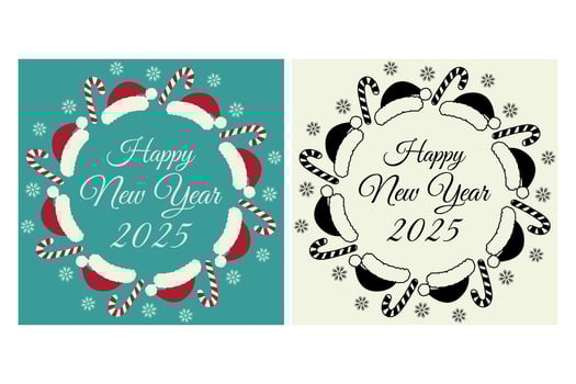 Happy New Year 2025 lettering, Candy Canes, Santa hats and snowflakes Round frame border Set of 2 Isolated illustration Greeting cards, posters, banners, brochures, leaflets, label or web promo vector