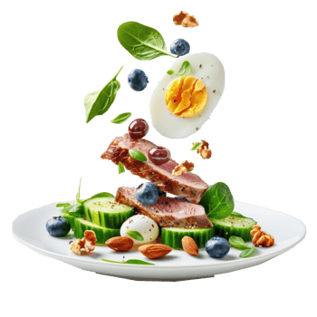 floated Boiled egg, pork steak and olives, cucumber, spinach, brie cheese, nuts and blueberry falling into a plate isolate on transparency background png
