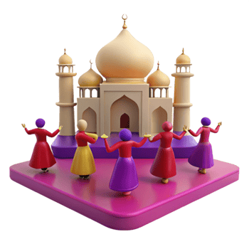 3D Illustration of People Dancing in Front of a Mosque png