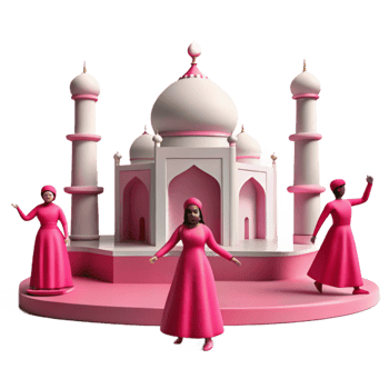 3D Render of Women in Pink Dresses in Front of a Mosque png
