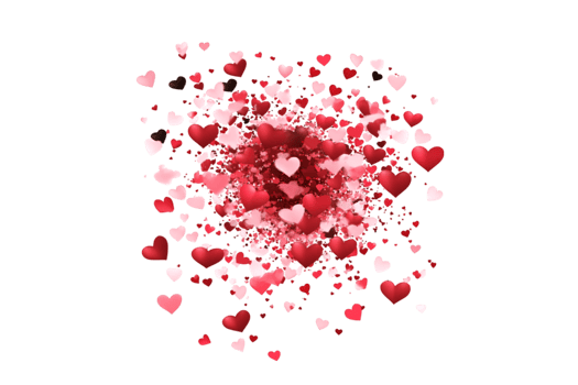 Red and pink heart shapes scattered isolated on a transparent background png