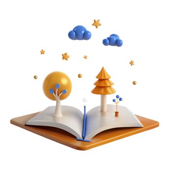 3D Rendered Open Book with Trees and Clouds png