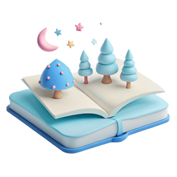 3D Rendered Book with Forest Scene and Stars png