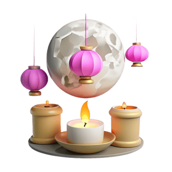 3D Render of Pink Lanterns and Candles with a Moon png