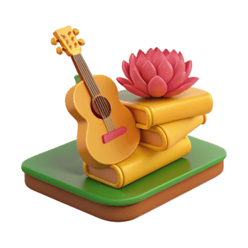 3D Illustration of Guitar, Flower, and Books on a Grass Patch png