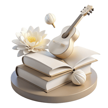 Guitar, Book, and Flower 3D Render png