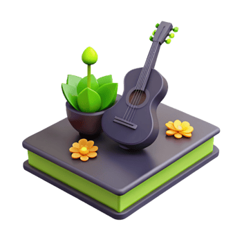 3D Rendered Scene with Guitar, Plant, and Flowers png