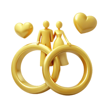 Golden Couple Standing on Intertwined Rings with Hearts png