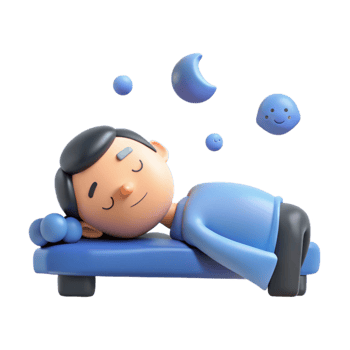 3D Character Sleeping on a Bed with a Crescent Moon and Stars png
