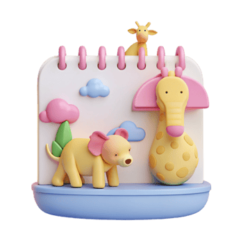Cute 3D Animal Calendar Design with Giraffe, Elephant, and Clouds png