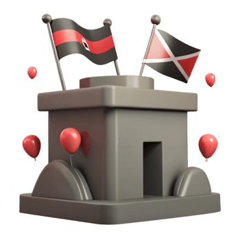 3D Render of a Building with Flags and Balloons png