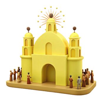 3D Render of a Yellow Building with a Crowd in Front png