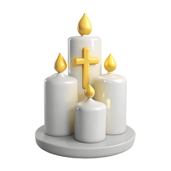 Four White Candles with Gold Flames and Cross png