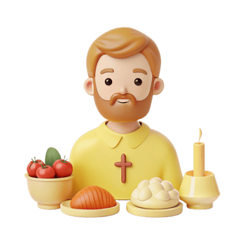 3D Illustration of a Man with a Cross on His Shirt, Sitting at a Table with Bread, Tomatoes, and a Candle png