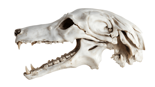 wolf's skull with elongated snout and visible fangs highlighted on isolated background showing intricate bone structure and teeth detail png