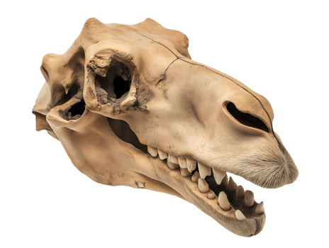 close-up of a camel skull showing its long snout and large teeth on isolated background, emphasizing bone structure and fossil detail png