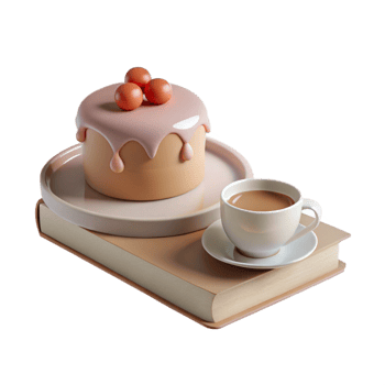 3D Rendered Cake and Coffee on Book png