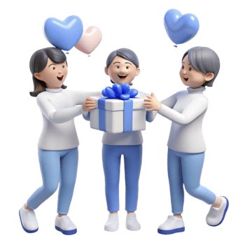 Three 3D Cartoon Characters Celebrating With Gifts and Balloons png